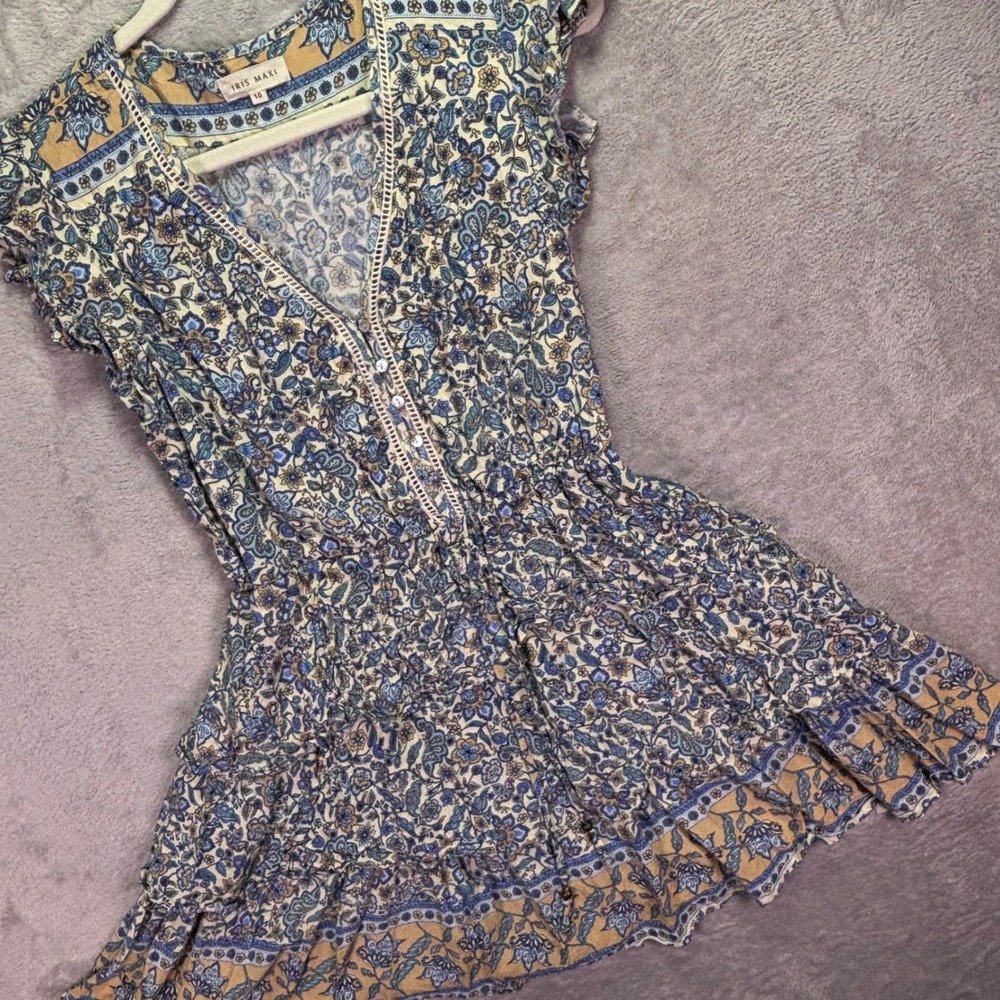 Iris Maxi Women Dress Sz‎ 10 Blue Paisley Floral Tiered Boho Flutter Sleeve Mini